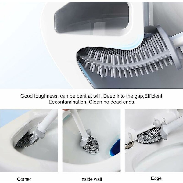 Toiletbørste, Silikone Toiletbørste og Holder, Dybderensende Toiletbørste, Silikone Toiletbørste med Hurtigtørrende Holder, Vægmonteret (Hvid) 367X87X3