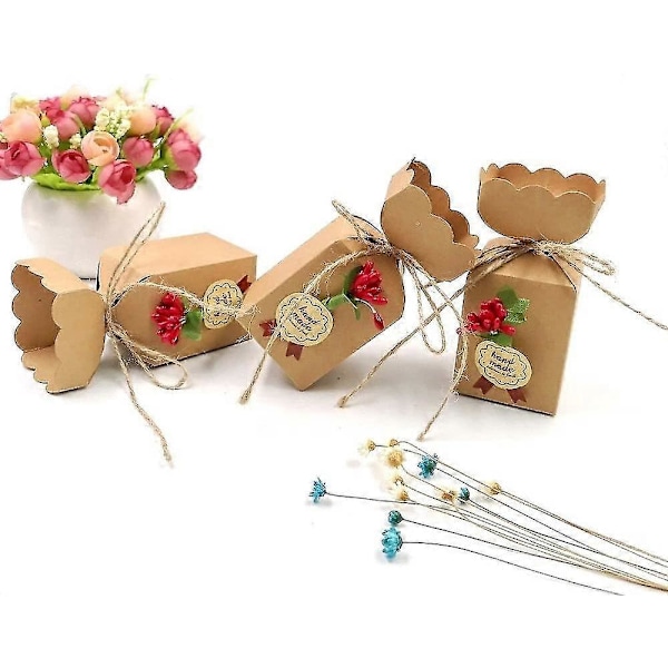 50 Kraft-laatikkoa + Juuttinarua + Kukkia + Tarroja, Paperinen Karkkilaatikko Häihin Syntymäpäivään Jouluun Babyshoweriin Valmistujaisiin Lastenpäivälahjoihin