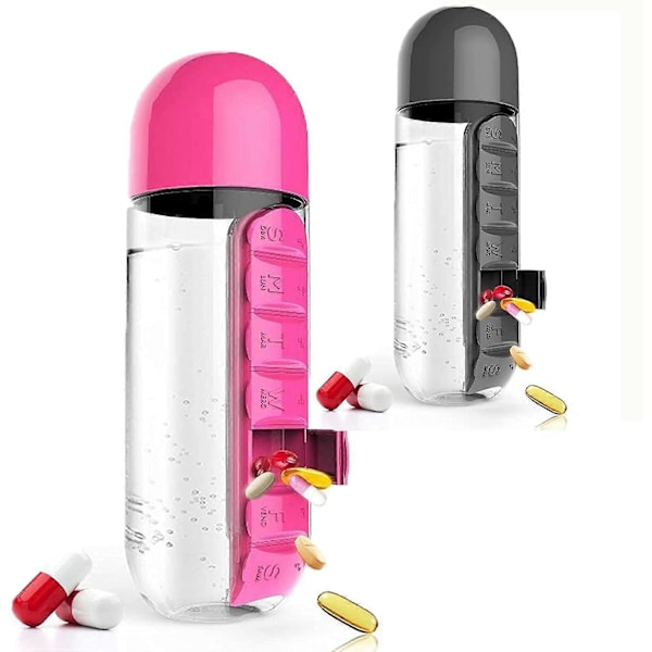 Bärbar 2-i-1 Pillerask/Flaska - 600ml (Svart & Rosa)