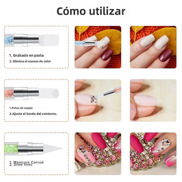 5 stk./sæt Silikone Neglekunst Pensler med 10 Toppings Dobbelt Hoved til UV Gel Spejlpulver og Maling DIY Manicure Værktøj