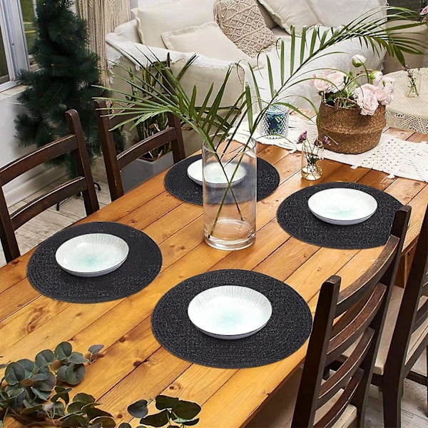Pyöreät punotut tabletit, 6 kpl, pestävät puuvilla-polyesteri pyöreät pöytätabletit, 38 cm, lämmönkestävät (musta, 6)
