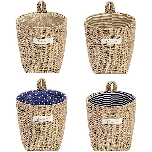 4 Stykker Foldbar Opbevaringskurv med Håndtag, Hængende Opbevaringspose, Opbevaringskurv af Bomuldslinned, 4 Farver, til Opbevaring af Kosmetik, Nøgler, Legetøj