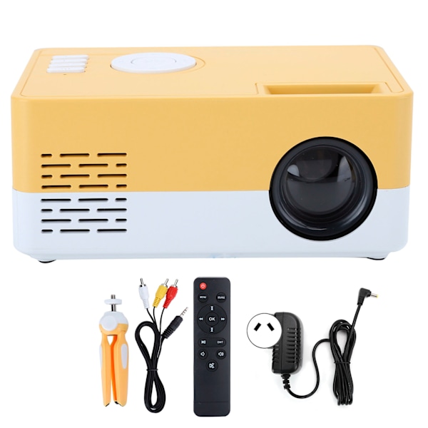 Mini bærbar projektor LED hjemmekino videomediespiller projektor med stativ 100‑240V hvit gul AU-plugg