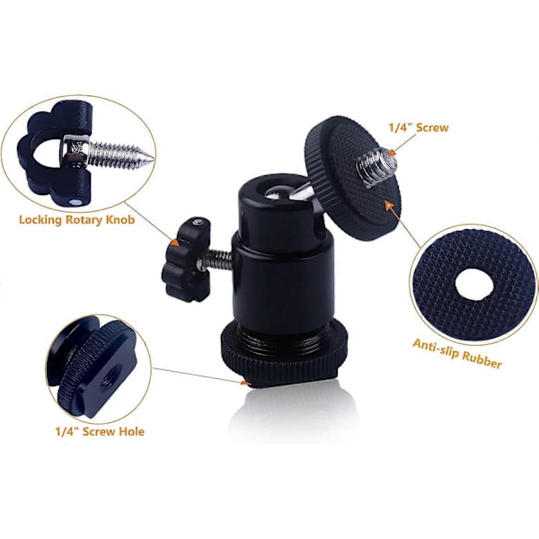 2 stk. Kamera Mini Kulehode, 1/4' Hot Shoe Stativfeste Adapter med 360 Graders Roterbarhet