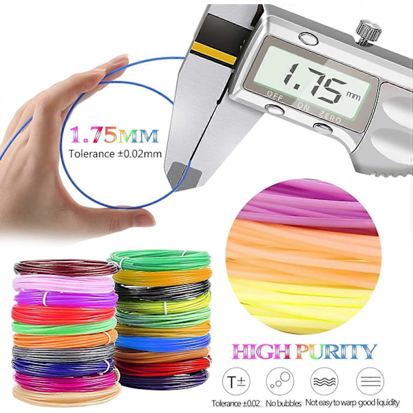 PLA 3D Print Pen Refills, 1.75mm PLA Filament, 20 Farver PLA 5m pr. rulle, 3D Printer Filament, 3D Print Filamenter til Børn 3D Blyant Filament til D