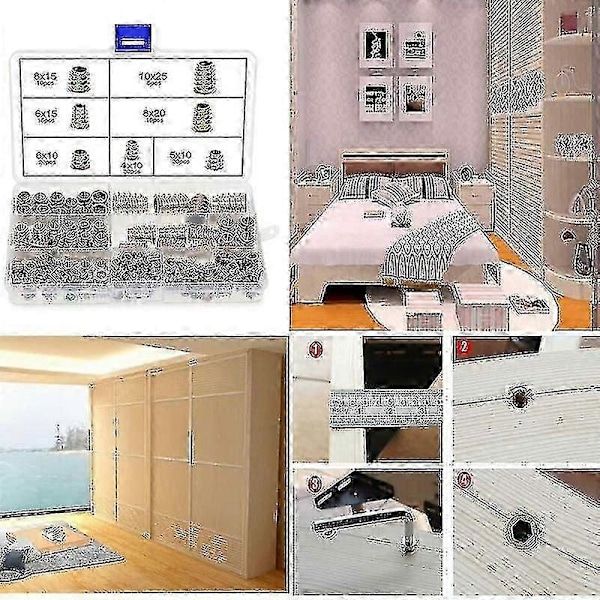 120-pack M4 M5 M6 M8 M10 Hexagonmuttrar av zinklegering med gängade insatser för trämöbler med plastlåda TA