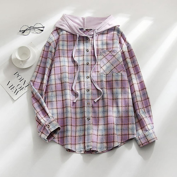 Dame Plaid Hoodie Skjorte Løstsiddende Langærmet Knapløs Bluse - Rød XL