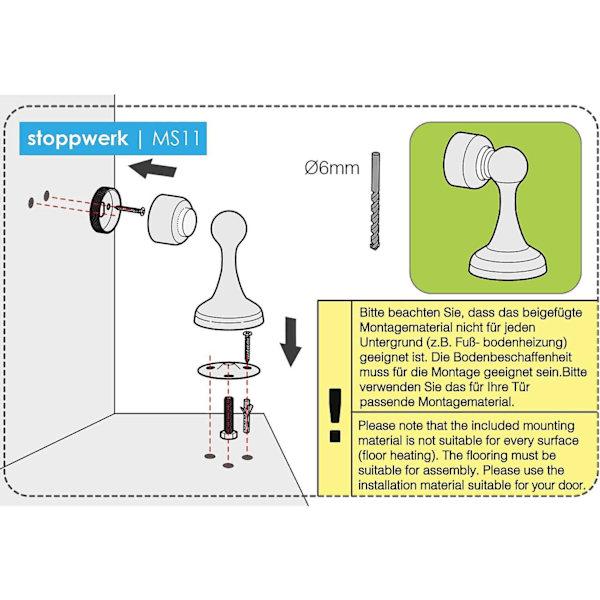 Magnetisk dørstopp i rustfritt stål-look - Dørstopp med gulv- og veggmontering - Magnetisk dørstopp - 4,9 x 5,8 x 8,3 cm