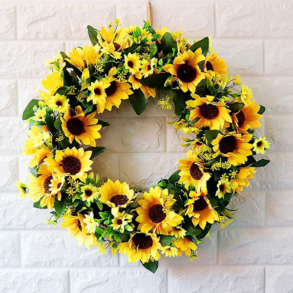 Solros Sommar Krans - 17,7 Tum Dekorativ Konstgjord Blomkrans med Gula Solrosor och Gröna Blad för Entrédörr och Inomhus Väggdekor