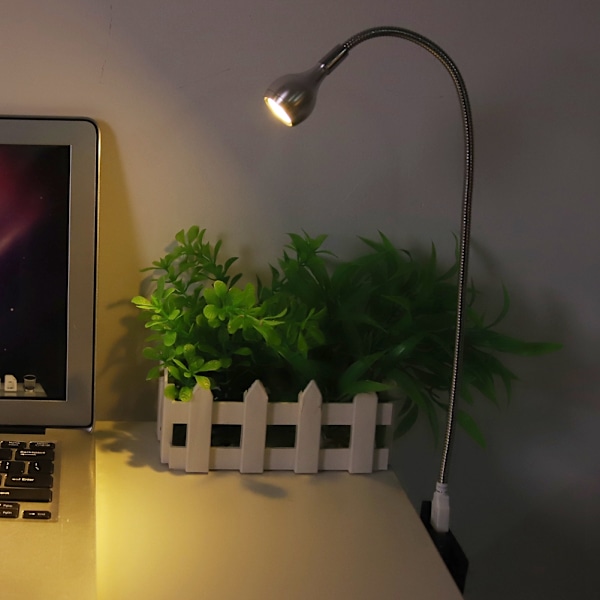 1 W pitkä, joustava kaula kannettava USB LED-valo yölukulamppu (hopea, lämmin valkoinen)