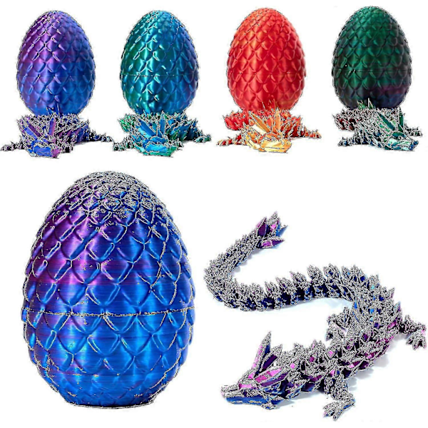 3D-printet drage i egg, fullt artikulert krystalldrage med drageegg, hjemmekontor dekor skrivebordsleker, silkegull