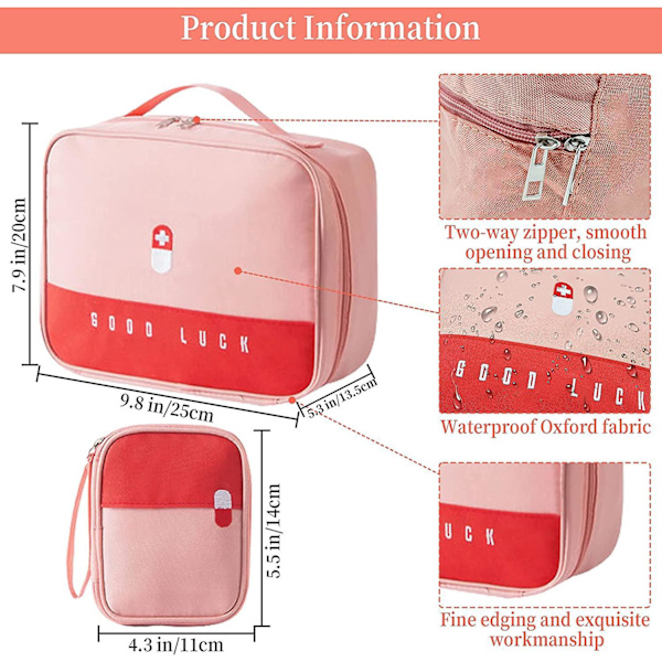 Bærbar Førstehjælpskasse - 2 stk. Medicinsk Opbevaringspose til Hjem, Rejse og Camping (Pink)