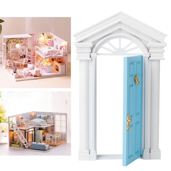 1:12 Dukkehus Miniature Lille Mini Fe Træ Birk Døråbning med Tilbehør Blå