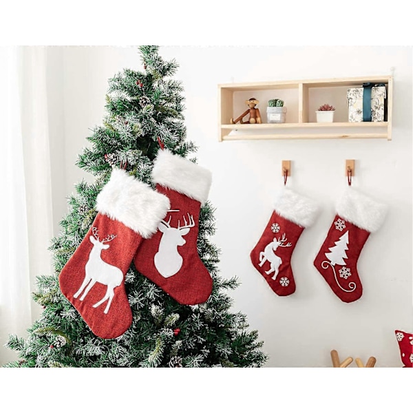Julestrømper, 4 stk. 50 cm Store Julestrømper, Sækkelærreds-stil Snefnug, Juletræ og elg og Plys Faux Fur Manchetstrømper, til Familieferie