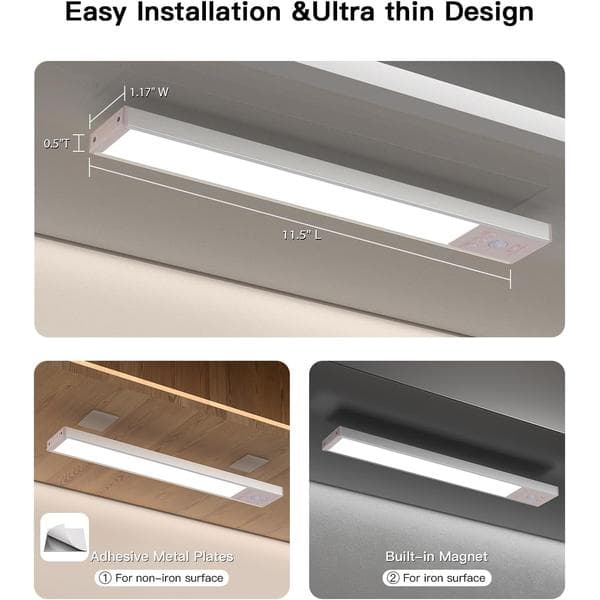 Trådløs underskapsbelysning med bevegelsessensor, dimbar LED-skaplampe, oppladbart batteri, magnetisk monteringsbase, 3-pakning.