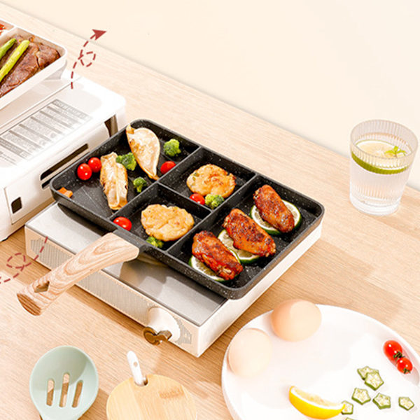 Divided Grill Maifan Stone Coating Aluminium Uniform Heating Anti Stick Multifunctional 4 Section Breakfast Pan för Stekning Ägg Biff Grönsaker Svart