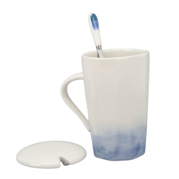 400 ml keramisk krus med blækmalingsstil - kaffekrus i keramik med ske og låg til hjemmet/kontoret - blå