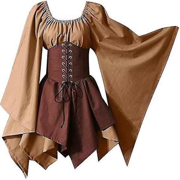 Keskiaikainen renessanssi-piratti-korsettimekko liehuvin hihoin - Perinteinen irlantilainen lyhyt mekko khaki/ruskeana - Naisten 4XL