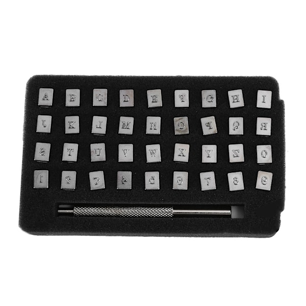 36 stansar i metall, 3 mm, bokstäver, läder, prägling, snidning, märkning, hantverksverktyg