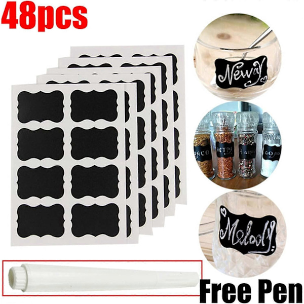 DIY 48 stk./sett Vanntette tavle kjøkken krydderetiketter Hjemme krukker Flasker Merker Tavleetiketter med tusj for pantryoppbevaring