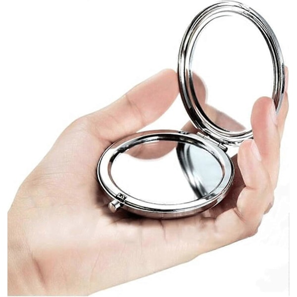 Kaksipuolinen taskupeili, meikkipeili, kompakti peili, pyöreä kokoontaitettava peili 7 cm, hopea