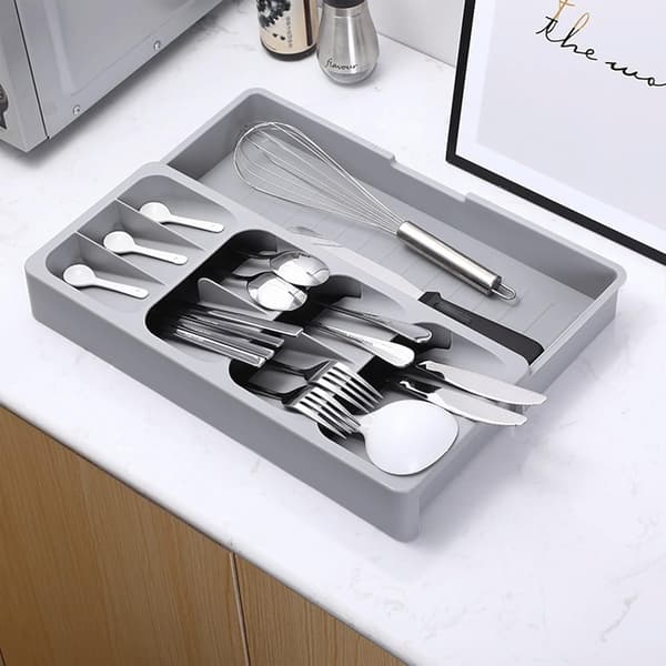 Compact Plastic Cutlery Tray, 17-30 cm, Extendable Cutlery Drawer Organizer, Cutlery Holder for Kitchen Storage
