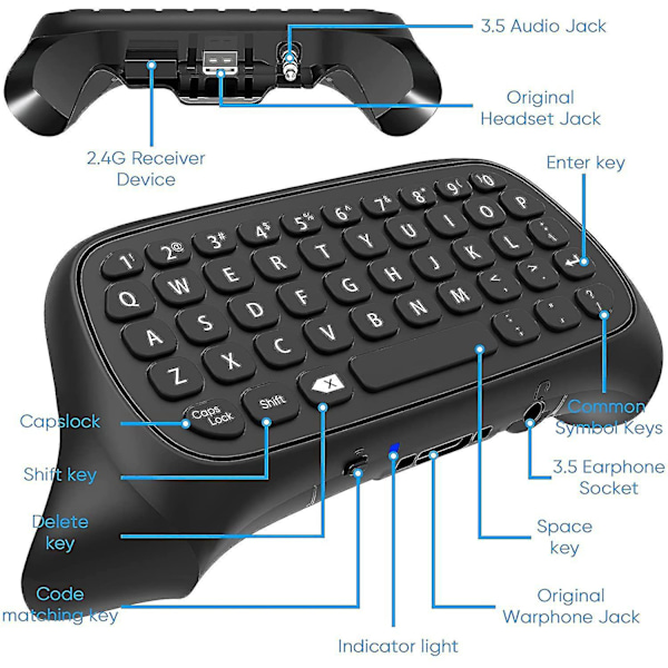 Tangentbord kompatibelt med Xbox Series X/s One/s/ Controller Gamepad, 2.4Ghz Mini Qwerty Tangentbord Gaming Chatpad med Audio/headset Jack-AW SVART
