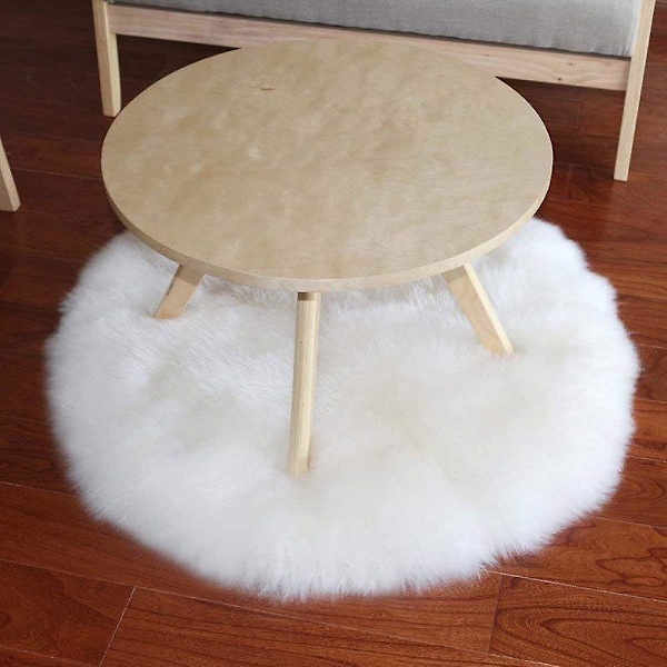 Hvidt rundt imiteret pels tæppe, fluffy skridsikker måtte til stue, soveværelse, sofa og gulv (60 x 60 cm)