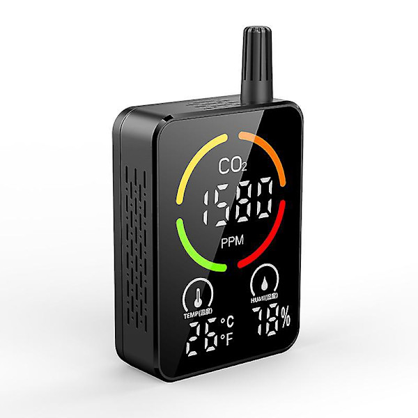 3-i-1 halvleder infrarød CO2 temperatur fugtighedsmonitor med digital skærm og tidsfunktion til registrering af husholdningsluftkvalitet