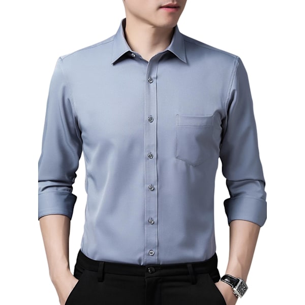Smallast Slim Fit Solid Färg Män Herrkläder Långärmad Skjorta - Grå