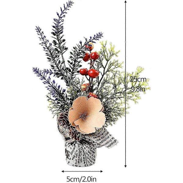 Set med 2 Mini Konstgjorda Julgranar, 24 cm, Med Tygpåsebas och Blomma för Heminredning, A1