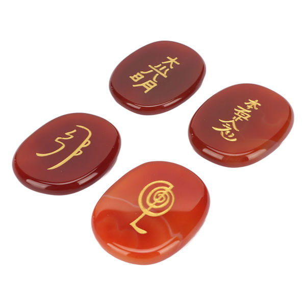 4 stk naturlige runesten med indgraverede Reiki-symboler Flade ovale meditationsrunesten med opbevaringspose Rød agat