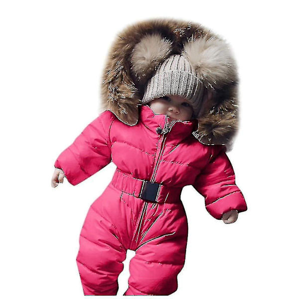 Unisex Baby Hooded Jumpsuit - 0-24 månader - Pojkar & Flickor - Romper med pälskrage 65cm Röd