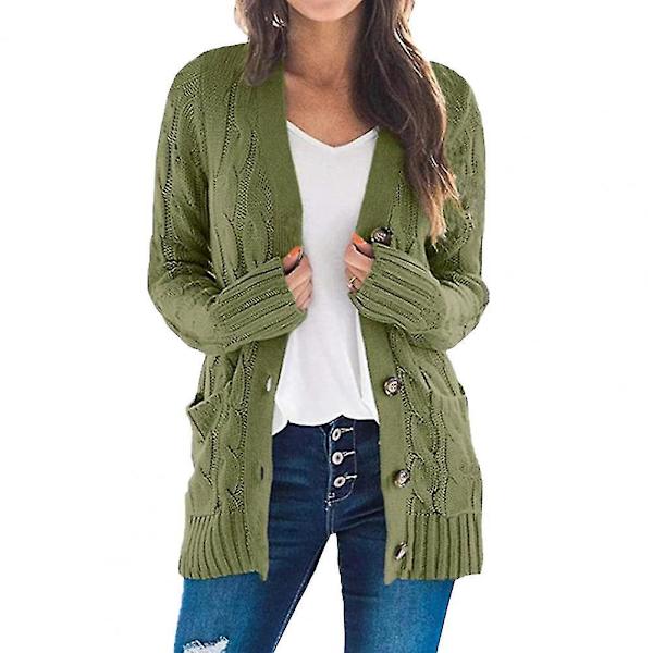 Strik Cardigan med V-hals og Twist-mønster, Enkeltknappet, Lommer med Knapper - XL Army Grøn