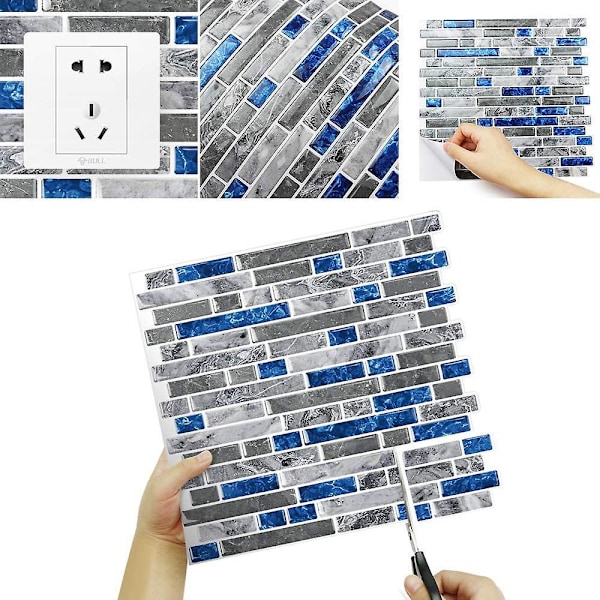 Blå Självhäftande Kakelplattor, Självhäftande Vinyl Köksstänkskydd, Väggdekor Kakeldekal för Badrum, Mosaikeffekt
