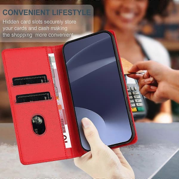 25-26 Deksel til iPhone 16 Pro Max, PU-skinn Folio Flip Kickstand Støtsikkert Telefondeksel - Mørkegrønn Red