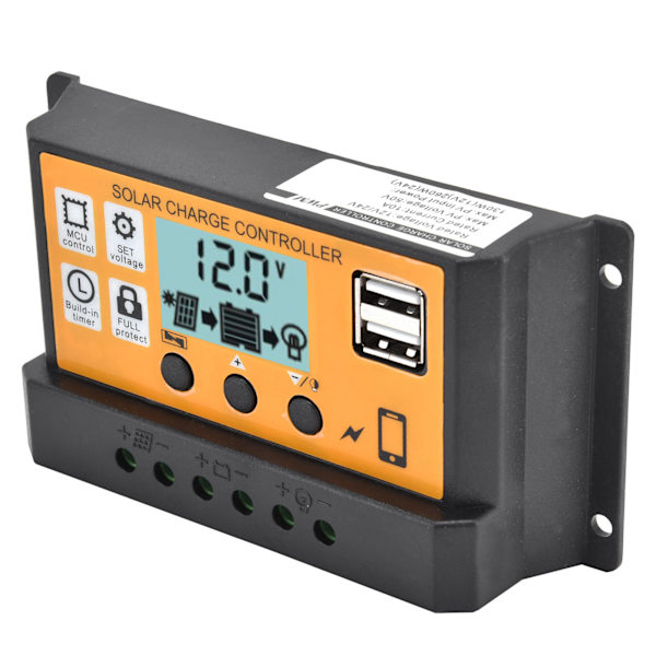 Smart ladekontroller solcellepanel dobbel USB 3-trinns PWM ladekontrollregulator 12V/24V10A