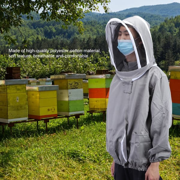 Biodlingsskyddsjacka med dubbla dragkedjor, biodlarutrustning, grå