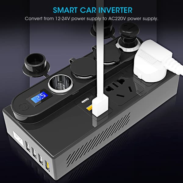 200W Bilinverter 12-24V til 220V 7USB Hurtigoplader Spændingsomformer Transformer
