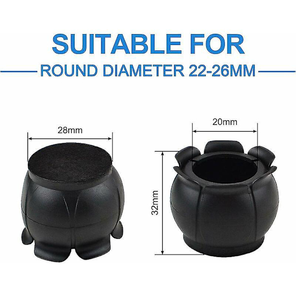 Runde skridsikre gummibensbeskyttere til stoleben med en diameter på 22 mm-25 mm (blomsterform, sort), Triomphe sort pakke med 16 stk.