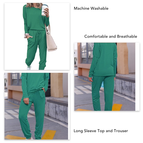 Trendigt grönt set med lös stretchtopp och långärmade byxor S