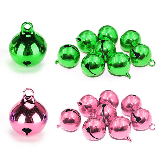 50Pcs Small Metal Bell Colourful Paint Christmas Jingle Bells Key Pendant Party DIY Beads(Green Pink )