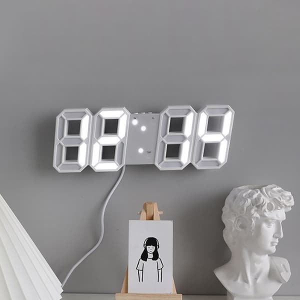 3D LED Digital Väggklocka Dimbar Nattlampa Dekor LED Digitala Väckarklockor med Temperaturdisplay Vit