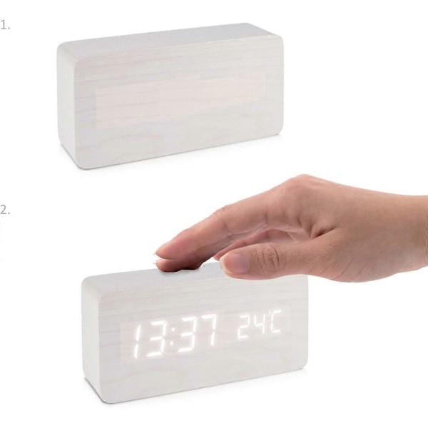 LED Väckarklocka i Trä - Digital Klocka med Träutseende - Touch Väckarklocka med Datum, Tid och Temperaturfunktion - Vit Rektangel och Vit LED
