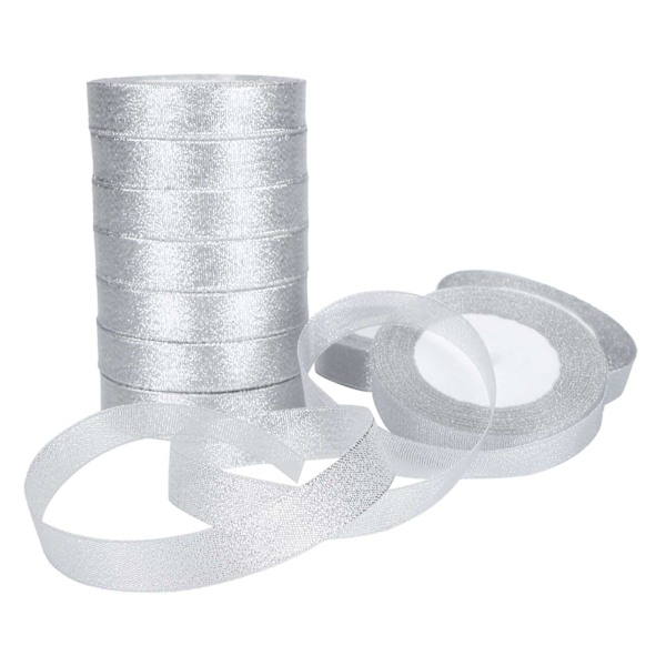 10 rullar glitter satinband polyester presentförpackning bröllopsdekoration festtillbehör silver