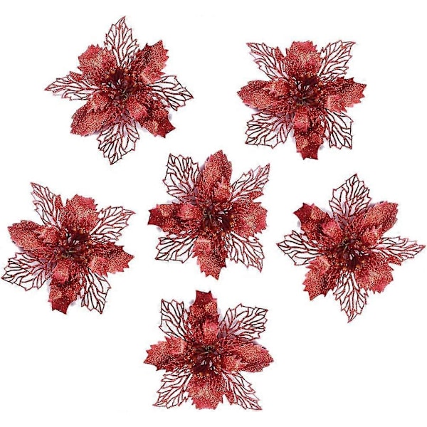 6 stk. Glitter Kunstige Bryllups Juleblomster Glitter Juletræspynt (Rød)