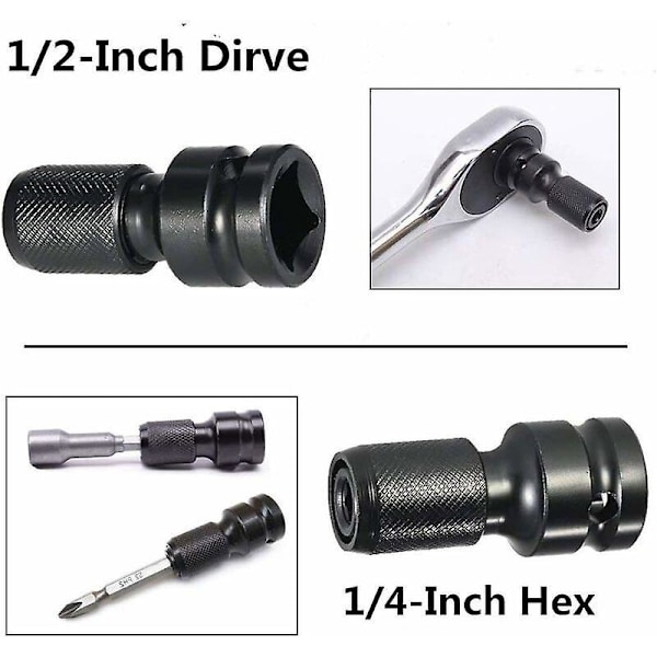 1 Set 1/2\" Fyrkant till 1/4\" Hex Hylsadapter, Snabbkopplingschuckomvandlare för Slagspärrnyckel och Skruvmejselbitshållare