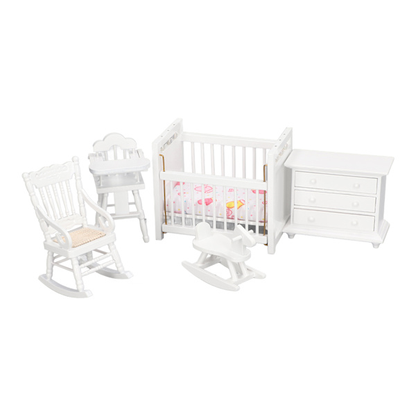 1:12 Dockhusmöbler Modell Set Miniatyr Baby Spjälsäng Gunghäst Stol Skåp Dekoration Tillbehör