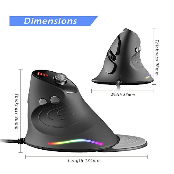 Trådløs Ergonomisk Mus 6 Knapper Vertikal Mus med Avtakbar Håndleddsstøtte, 1000-1600-2400 DPI Justerbar