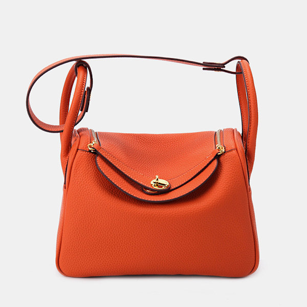 Lindy väska i ko-läder, ny mini kuddväska, messenger väska för kvinnor, pendlarväska i äkta läder - Orange stor guldknapp 26cm Large orange gold button 26cm